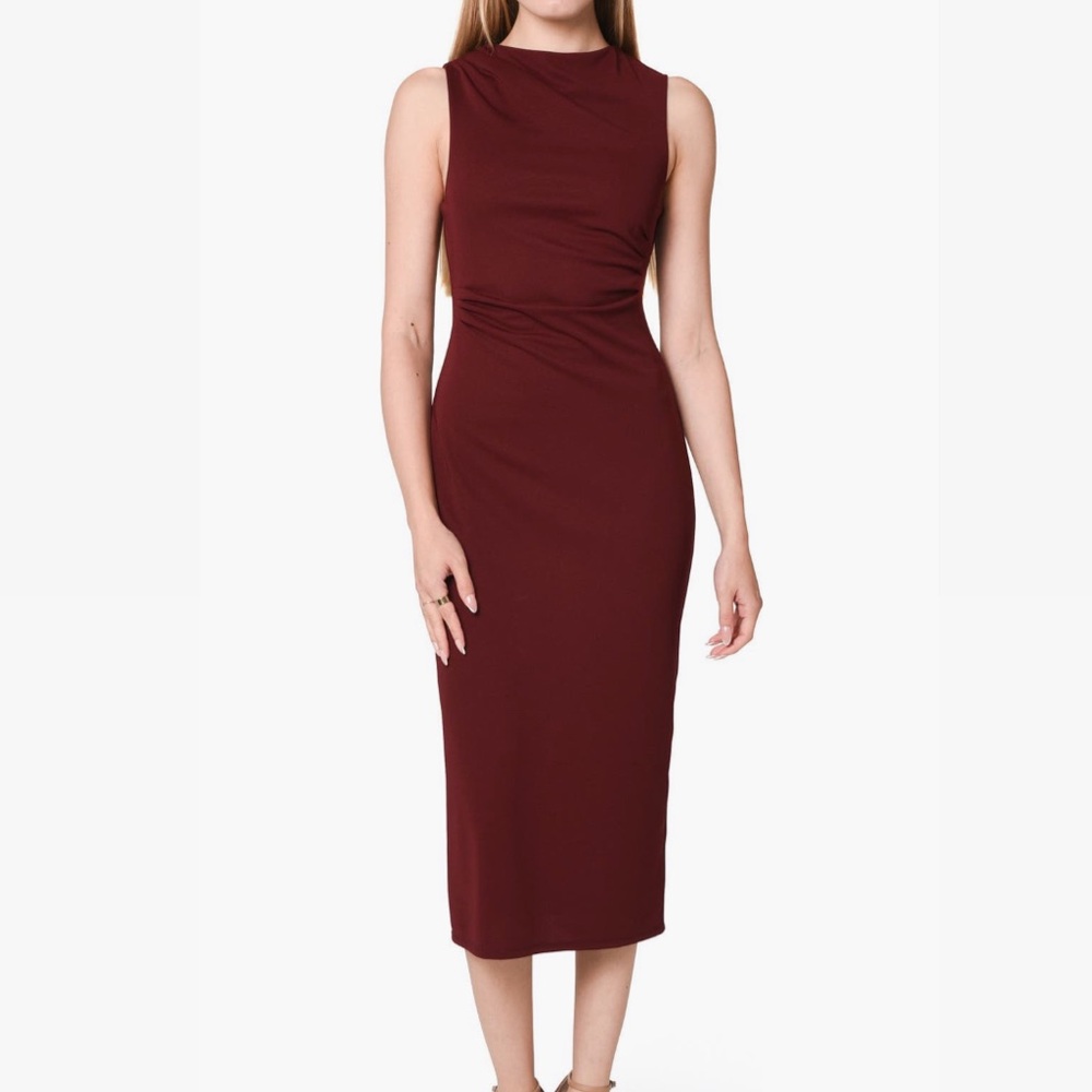 WAYF Siete Ruched Sheath Maroon Red Midi Dress Size Medium